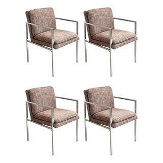 Newly Upholstered Minimalist Milo Baughman-Style Chrome Armchairs, Set of 4 For Sale