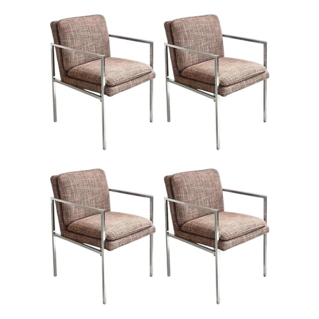 Newly Upholstered Minimalist Milo Baughman-Style Chrome Armchairs, Set of 4 For Sale