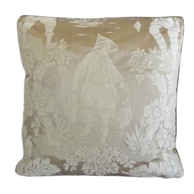 Custom-tailored pillow by Mike Seratt of The Prized Pig in Italian Scalamandré silk damask fabric called "Yang Tze."...