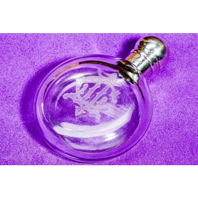 Victorian Wonderful Antique Round Crystal Victorian Perfume Flask With Sterling Silver Cap Monogram JLC Home Decor Collectible For Sale - Image 3 of 13