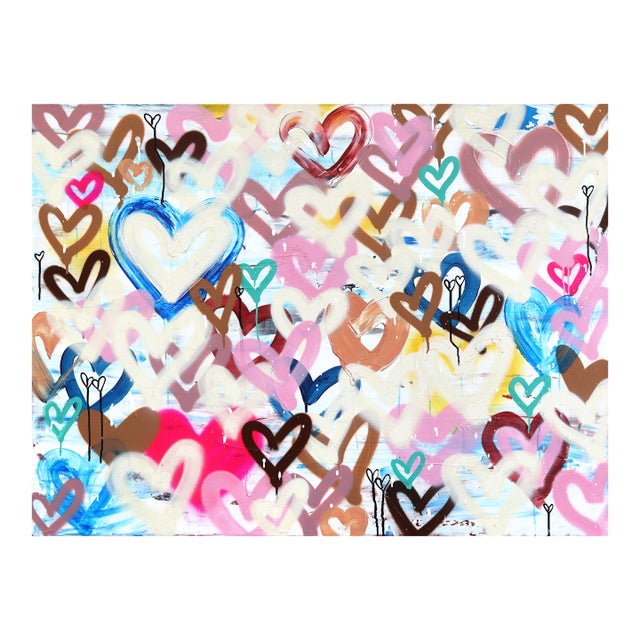 Innocent Heart Kisses - Original Colorful Pop Art Mixed Media Painting With Hearts on Canvas by Amber Goldhammer For Sale
