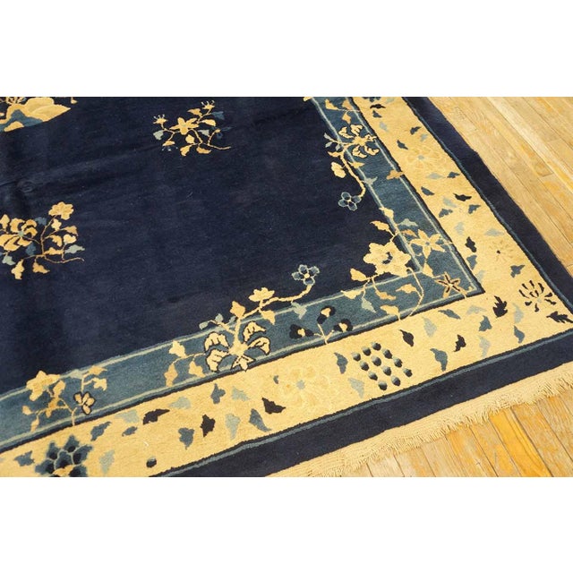 Textile Antique 1900s Navy Chinese Peking Carpet 8'4" X 9'10" Floral Design Handmade Rug For Sale - Image 7 of 9