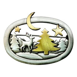 1980s Vintage Boho Chic Americana Hollywood Regency Christmas Tree & Deer Brooch. For Sale