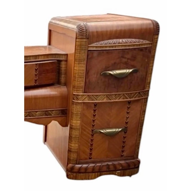 Wood Monumental American Art Deco Waterfall Vanity With Shield Mirror, C. 1935–1945 For Sale - Image 7 of 12