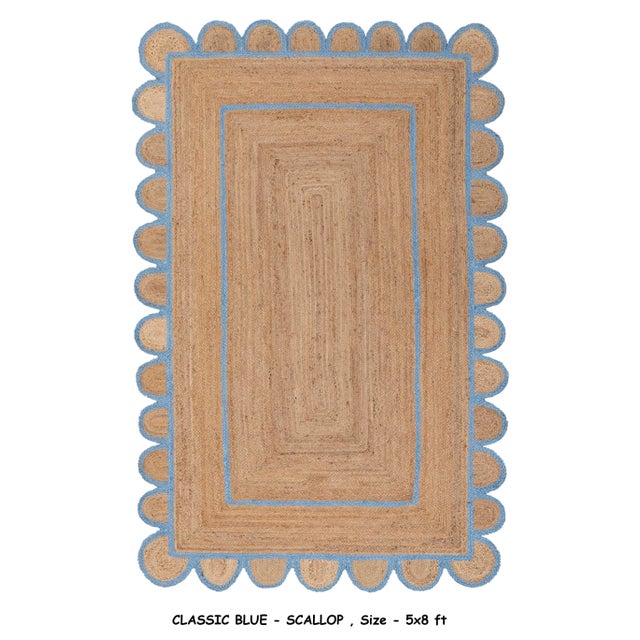 Blue Scallop Jute Classic Blue Hand Made Rug - 4'x6' For Sale - Image 8 of 9