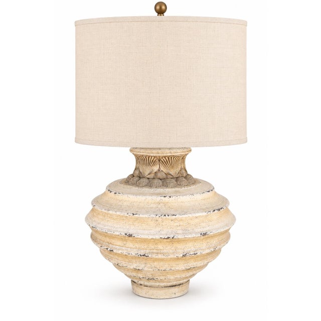 Late 20th Century Sculptural Shell Urn Table Lamp With Ivory Linen Drum Shade For Sale In Los Angeles - Image 6 of 6