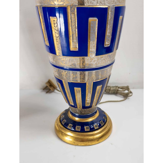 19th Century Pair of Bohemian Cameo Glass Table Lamp Vases With Greek Key Design in Blue For Sale In New York - Image 6 of 16