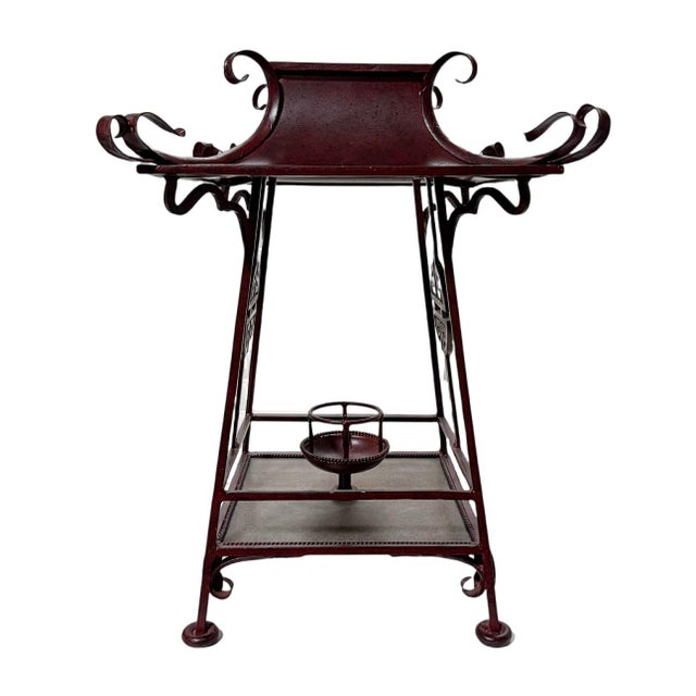 Late 20th Century Large Vintage Chinoiserie Iron Pagoda Lantern Candle Stand - Dark Red Maroon Finish For Sale - Image 5 of 5