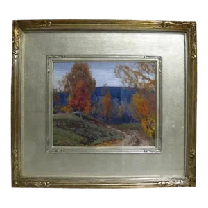 Gustave Wiegand (American 1870 - 1957) Fall New England Landscape Oil Painting on Wood