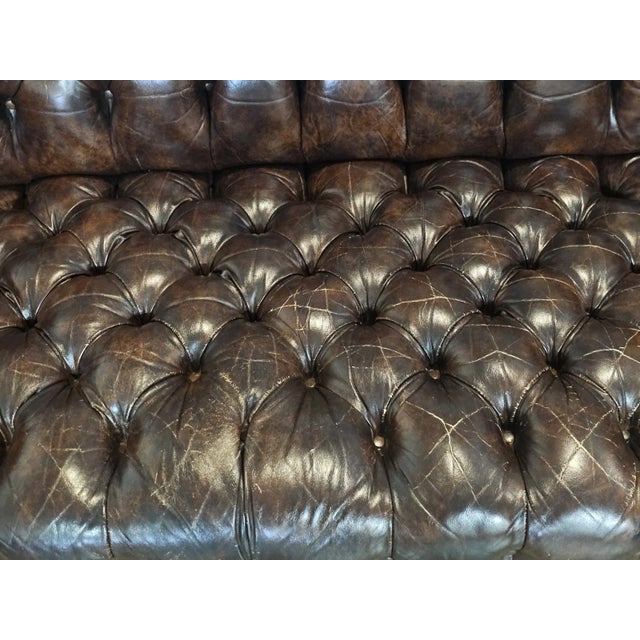 Animal Skin Late 20th Century Classic Chesterfield Brown Top Grain Leather Tufted Leather Sofa Nail Head Trim For Sale - Image 7 of 11