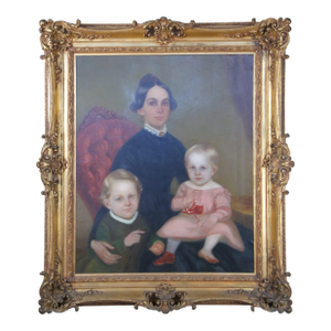 Antique Victorian American School Folk Art Portrait Oil Painting Woman Children