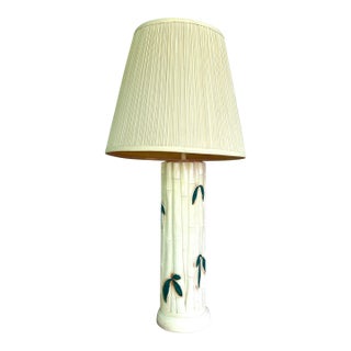 Vintage Faux Bamboo Ceramic Lamp With Shade For Sale