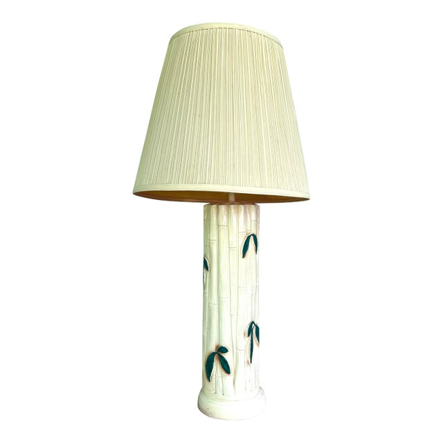 Vintage Faux Bamboo Ceramic Lamp With Shade For Sale