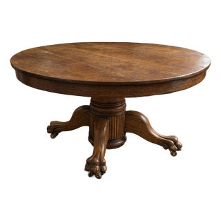 Antique Oak Pedestal Dining Table With Claw Feet & Original Casters For Sale