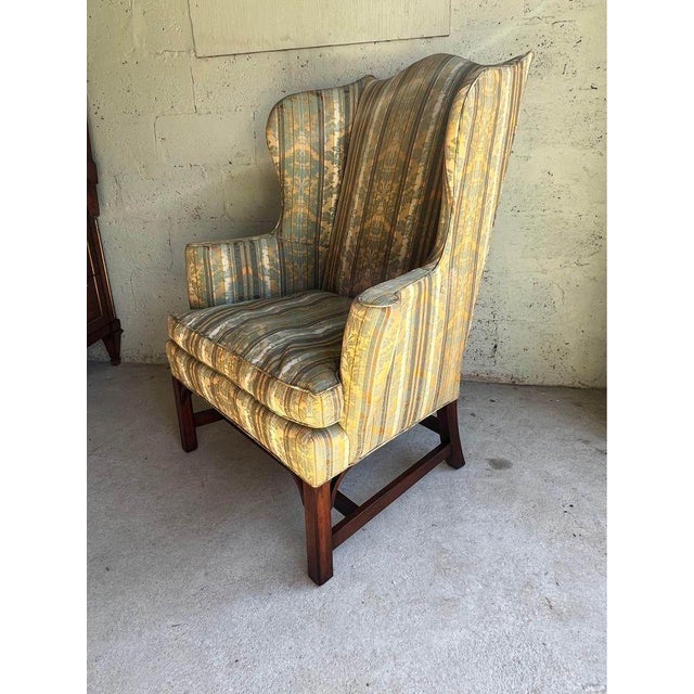 Mid 20th Century Vintage Kittinger Traditional Georgian Style Silk Upholstery Mahogany Wing Back ArmChair For Sale - Image 9 of 12