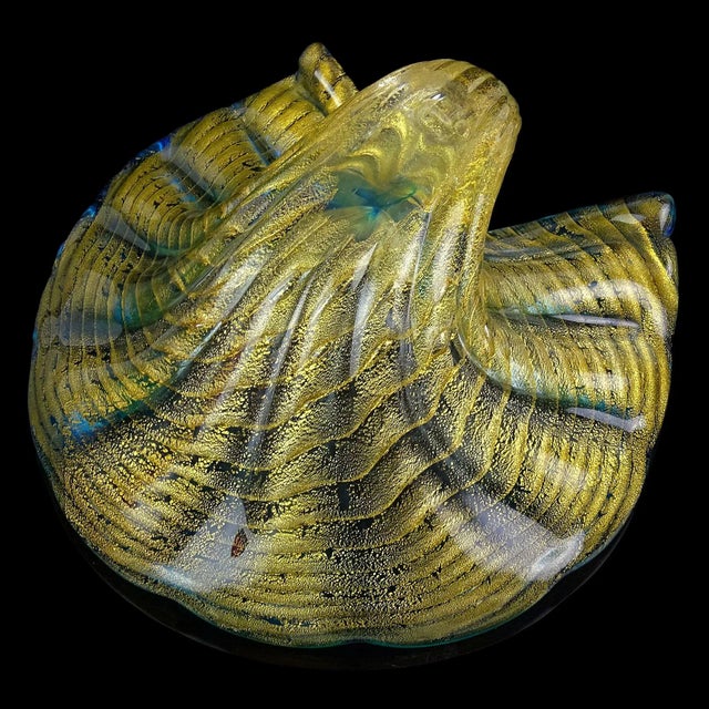 Vintage Murano Barovier Toso Blue Rim Gold Flecks Ribbed Surface Italian Art Glass Seashell Sculptural Bowl For Sale - Image 9 of 10
