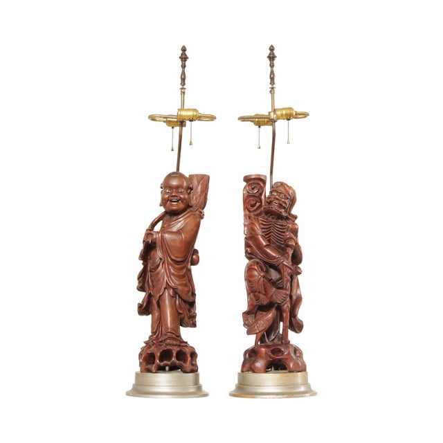 Mid 20th Century Vintage Pair Of Carved Hard Wood Chinese Figural Table Lamps With Brass Hardware For Sale - Image 5 of 12