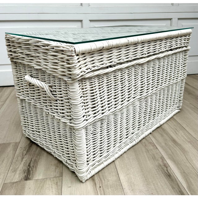 Vintage White Wicker Blanket Chest Coffee Table With Glass Top For Sale - Image 10 of 12
