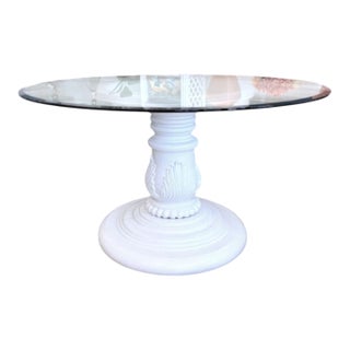 Vintage Carved Wood Pedestal Table With 54" Beveled Glass Top For Sale