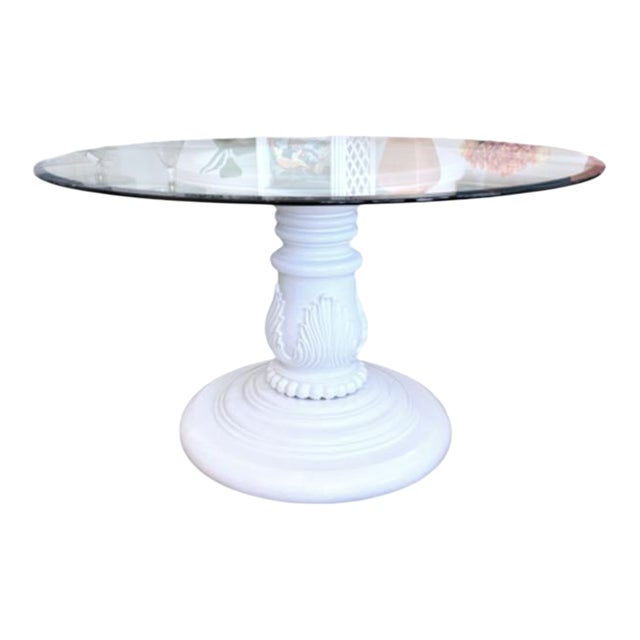 Vintage Carved Wood Pedestal Table With 54" Beveled Glass Top For Sale