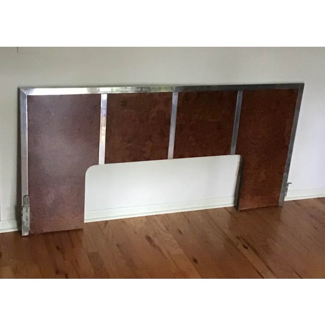 Vintage king size chrome and burlwood headboard in the style of Milo Baughman, circa70s. Center opening 46 inches wide and...