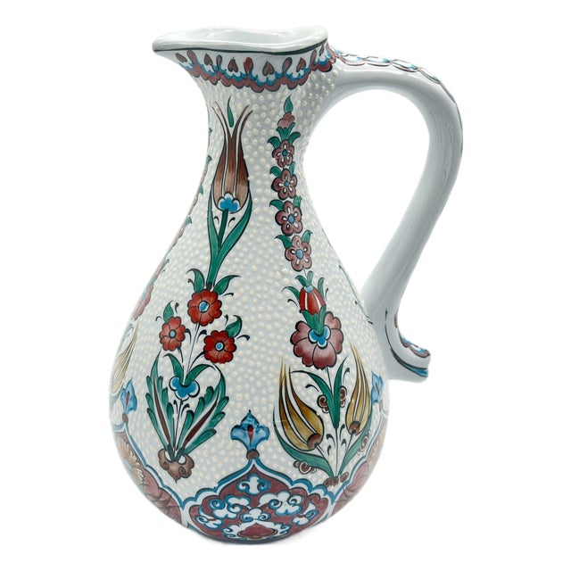 Handmade Ceramic Pitcher (25cm) – Textured “Dot” Art – Pastel Florals & Embossed Surface For Sale
