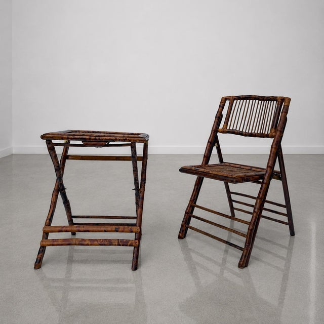 Chinoiserie 1980s Rustic Tortoiseshell Bamboo Folding Chairs With Side Tables - Set of 8 For Sale - Image 3 of 12