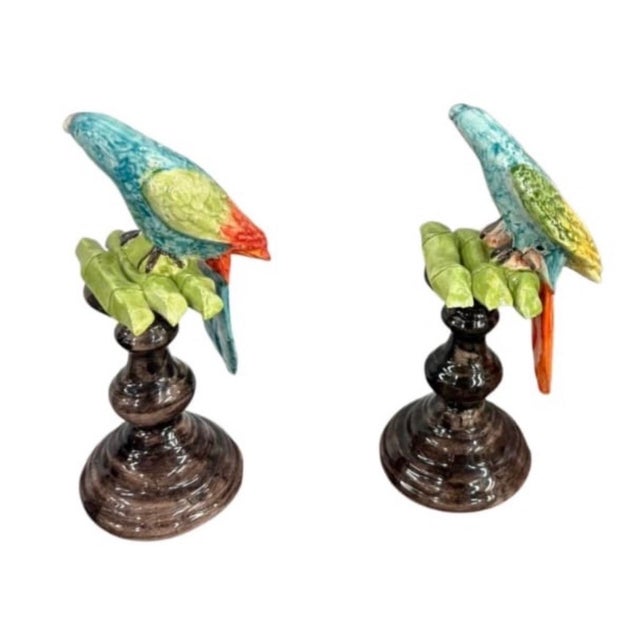 Dark Green Pair of Italian Majolica Ceramic Parrot Sculptures on Pedestals For Sale - Image 8 of 12