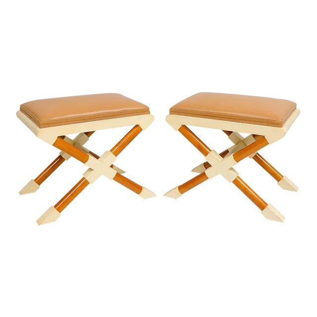 Bespoke Pair of Georgetta Parchment X-Frame Benches For Sale