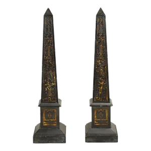 1850's-1870's Napoleon III Slate Obelisks with Gilt Egyptian Pictographs - Set of 2