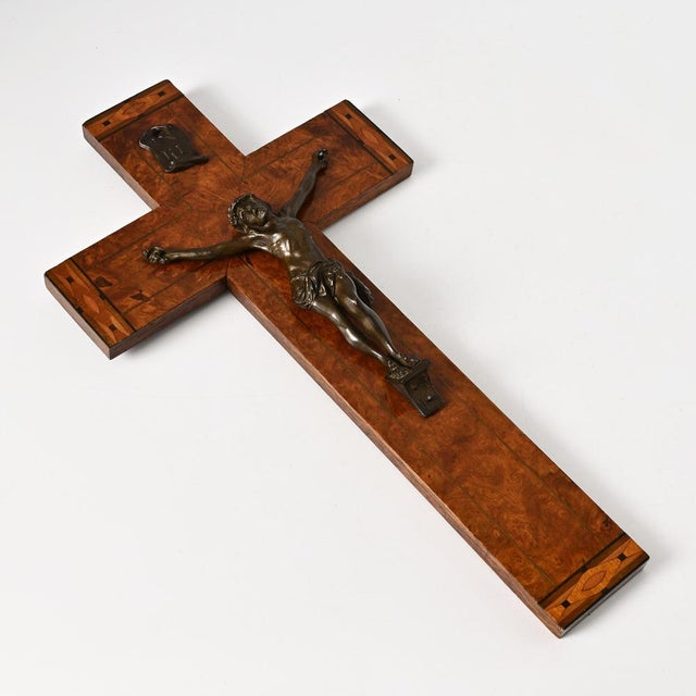 Burlwood veneer crucifix made in the early 20th century in France.