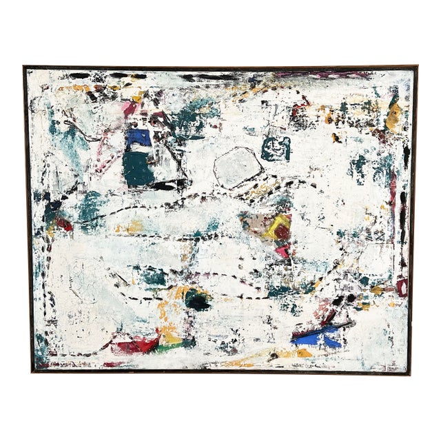 Vintage Mid Century Abstract Expressionist Painting With Mixed Media Stitching For Sale