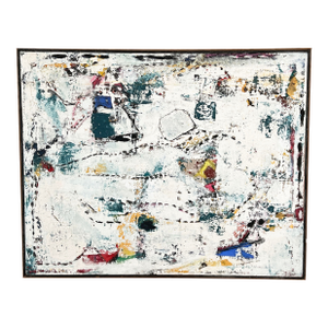 Vintage Mid Century Abstract Expressionist Painting With Mixed Media Stitching