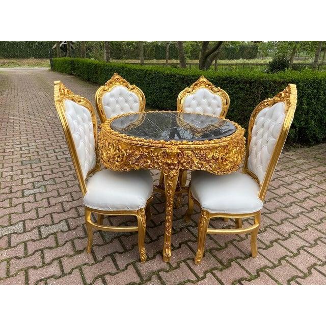 Luxurious Italian Baroque Rococo Dining Set With White Leather and Gold Leaf – 5-Piece Collection For Sale - Image 4 of 12