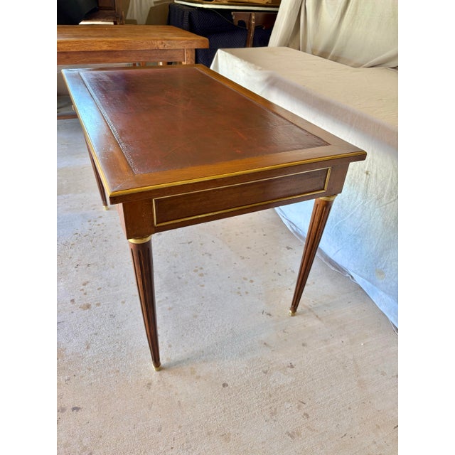 Early 20th Century French Louis XVI Style Walnut and Brass Leather Top Desk For Sale - Image 4 of 12
