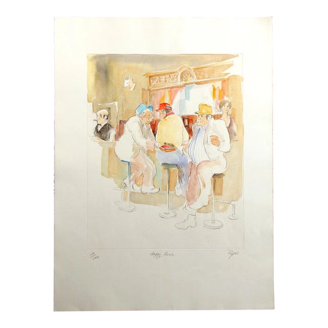 William Papas "Happy Hour" Signed Numbered Hand Colored Drypoint Etching For Sale