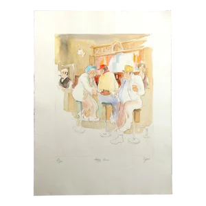 William Papas "Happy Hour" Signed Numbered Hand Colored Drypoint Etching