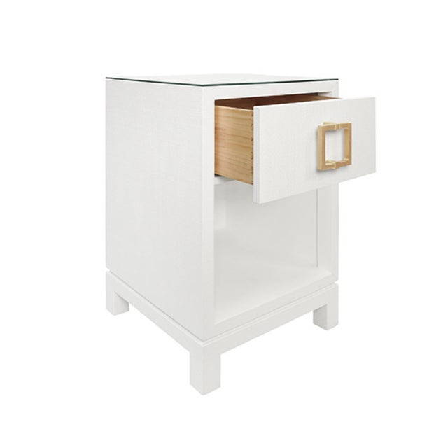 Matthew Izzo Home Blair White Textured Linen One Drawer Side Table With Brass Hardware and Glass Top For Sale In New York - Image 6 of 7