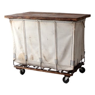 Vintage Dandux Industrial Laundry Cart With Wood Top For Sale