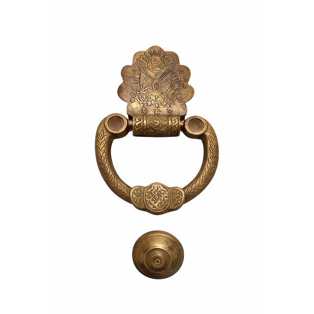 Exceptional Ottoman Era brass door knocker from Turkey, mounted on an earlier Byzantine-period knocker plate, creating a...