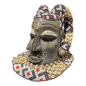 Vintage Large African Tribal Beaded Kuba Royal Head Mask Congo 14" H