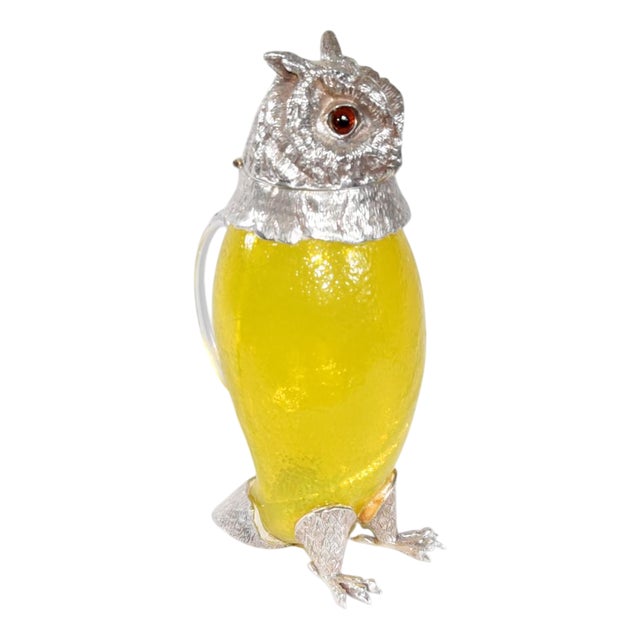 Victorian Owl Decanter in Silver Plate and Glass For Sale