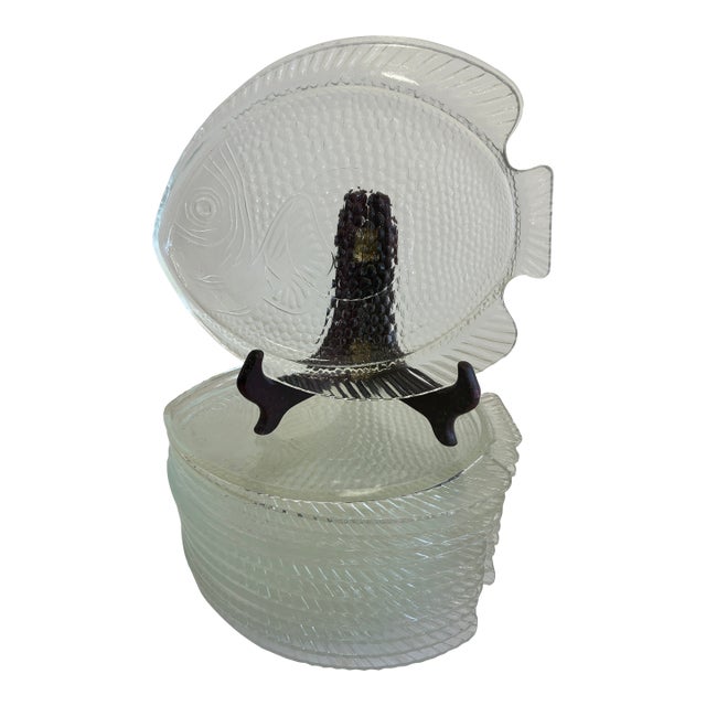Mid 20th Century Mid-Century Modern Clear Pressed Glass Fish Plates – Set of 12 For Sale