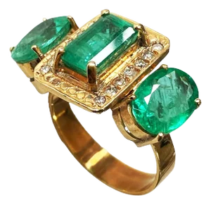 Art Deco 18 K Gold Emerald and Diamond Three Stone Ring