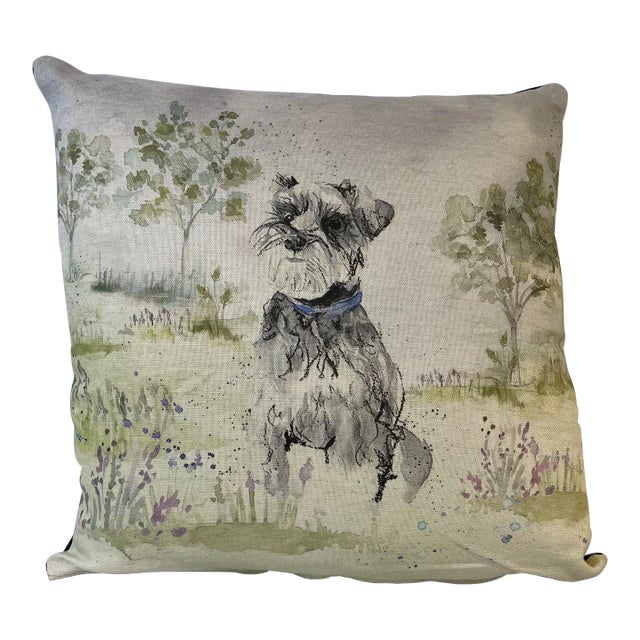 16" Square Pillow Embellished With a Stoic Silver Schnauzer Dog Portrait - Made in the U K For Sale