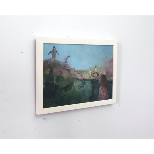 Diver by Elena Burykina | Oil on Paper Girl observing penguins near water's edge. For Sale - Image 4 of 4
