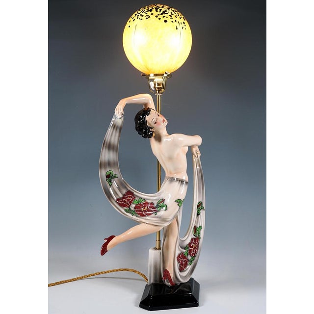 Art Deco Nude Dancer Posing with Lamp from Goldscheider, Vienna, Austria, 1942 For Sale - Image 3 of 14