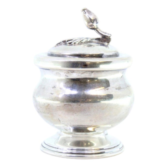 Small Silver Pot with Base Strip and Flower-Shaped Lid Knob | Chairish