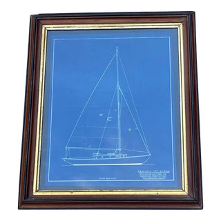 Original Vintage 1930 American Sailboat Nautical Blueprint in Antique Gold Leaf Frame For Sale
