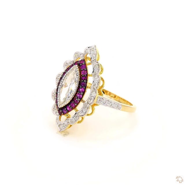 Modern 1.02 Carat Marquise Cut Diamond Ruby Gold Ring, Size 6.5 For Sale - Image 3 of 9